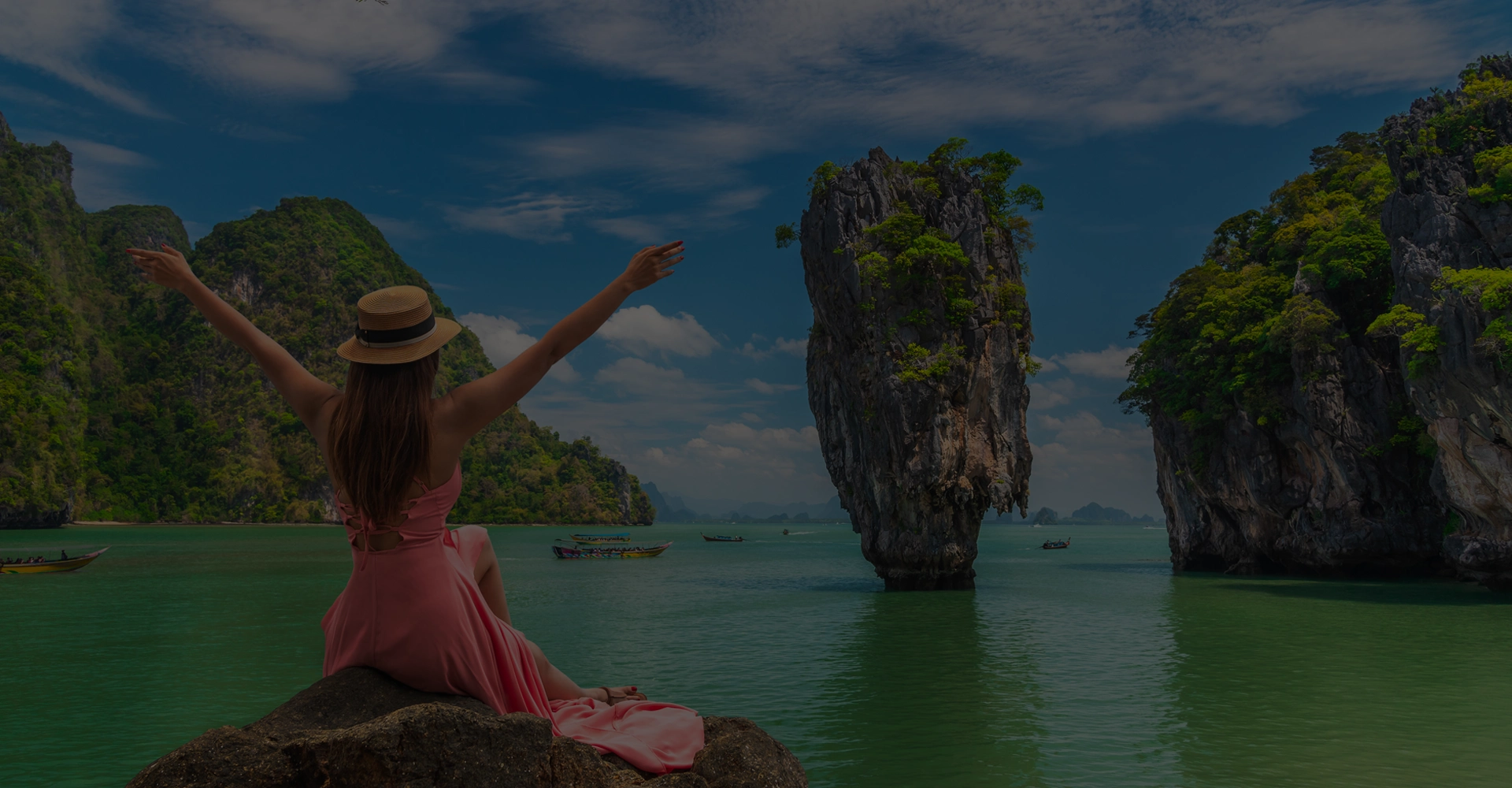 Happy traveler woman on vacation beach joy fun nature