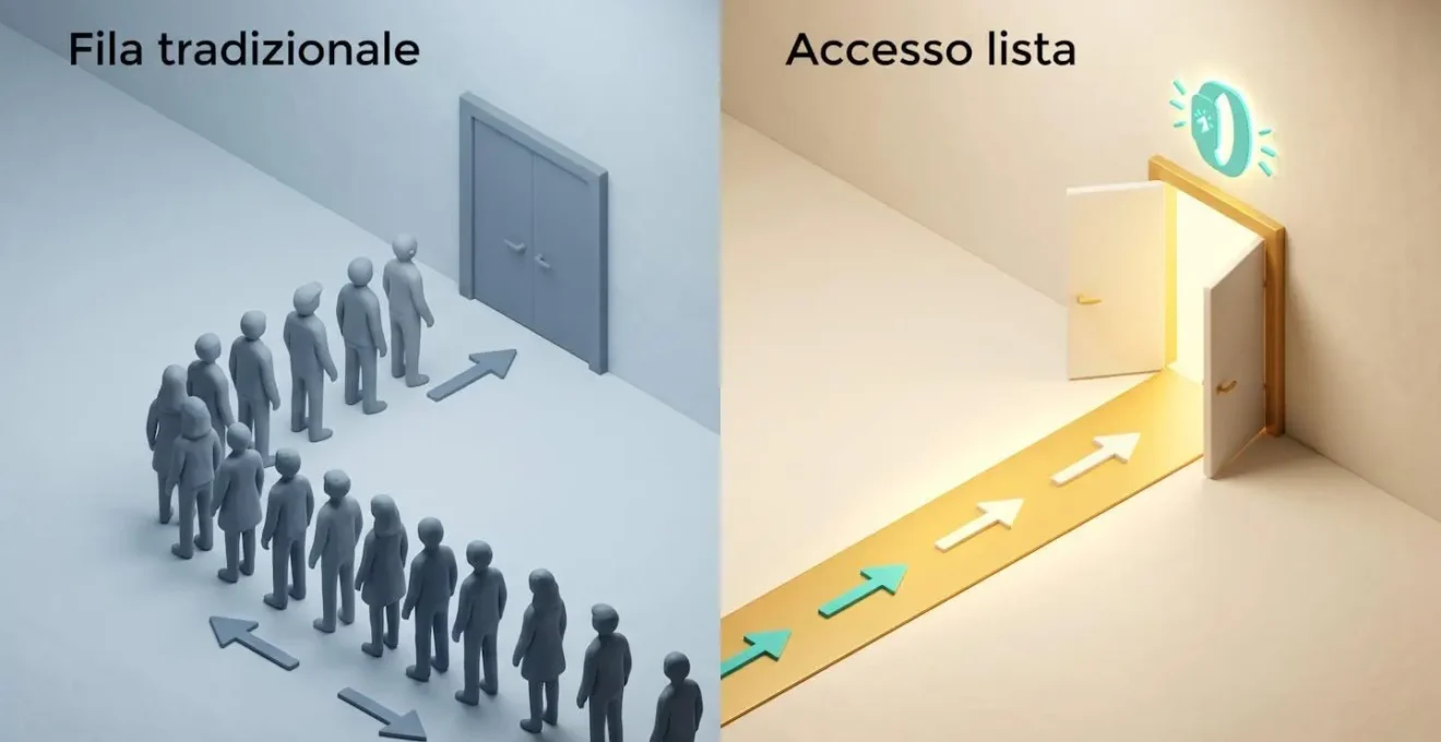 Illustrazione isometrica che contrasta una lunga fila grigia verso porta chiusa con un percorso dorato diretto verso porta aperta con simbolo braccialetto luminoso