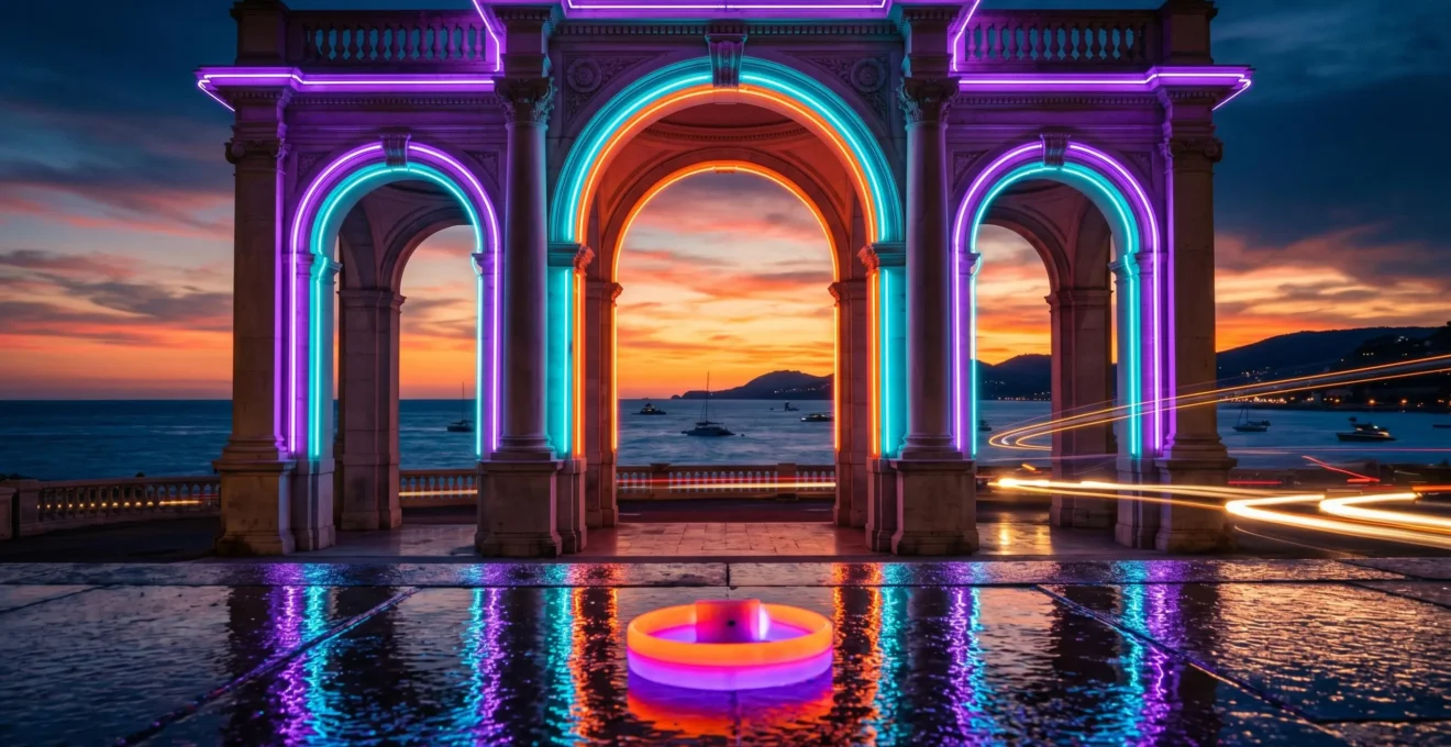 Portale architettonico illuminato da luci neon colorate che incorniciano il mare Mediterraneo al tramonto, con braccialetto fluorescente in primo piano
