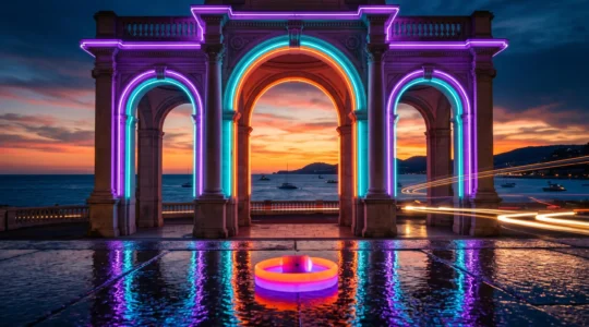 Portale architettonico illuminato da luci neon colorate che incorniciano il mare Mediterraneo al tramonto, con braccialetto fluorescente in primo piano
