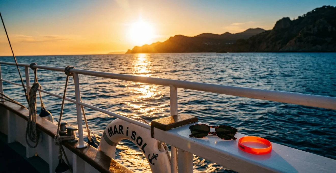 Vista dal ponte di una barca con ringhiera bianca, superficie mediterranea scintillante al tramonto e costa catalana sullo sfondo, occhiali da sole e braccialetto abbandonati suggeriscono presenza umana